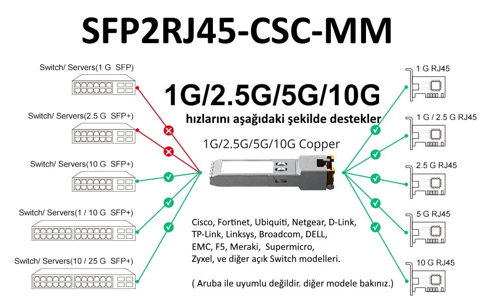 10G/5G/2.5G/1G RJ45 Cat6A 30 Metre RJ45 to SFP Adaptör Cisco Code